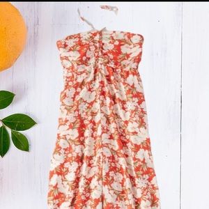 AEO rusty orange floral halter romper/jumpsuit sz L., Tie neck (A-16)